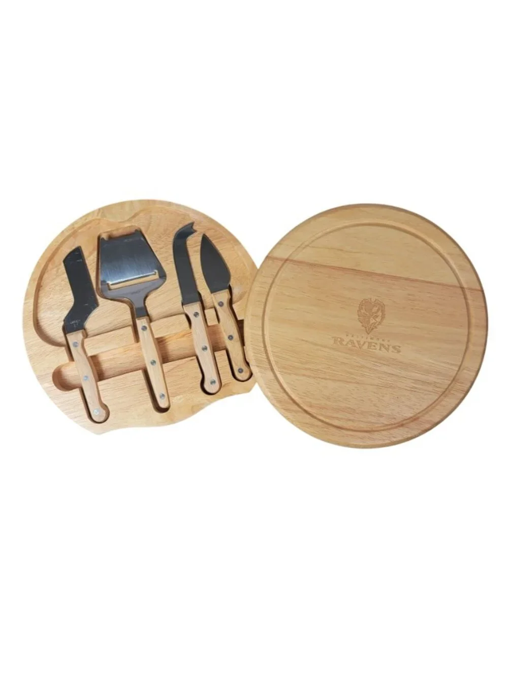 NFL Baltimore Ravens Cheese Board Tool Set Wood Round Rotate Football Circo NEW